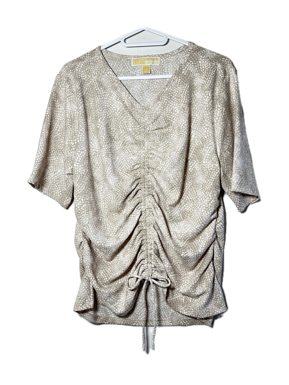 Michael Kors Ruched Side Cinched Tie Short Sleeve White Beige Painterly Dot TopL